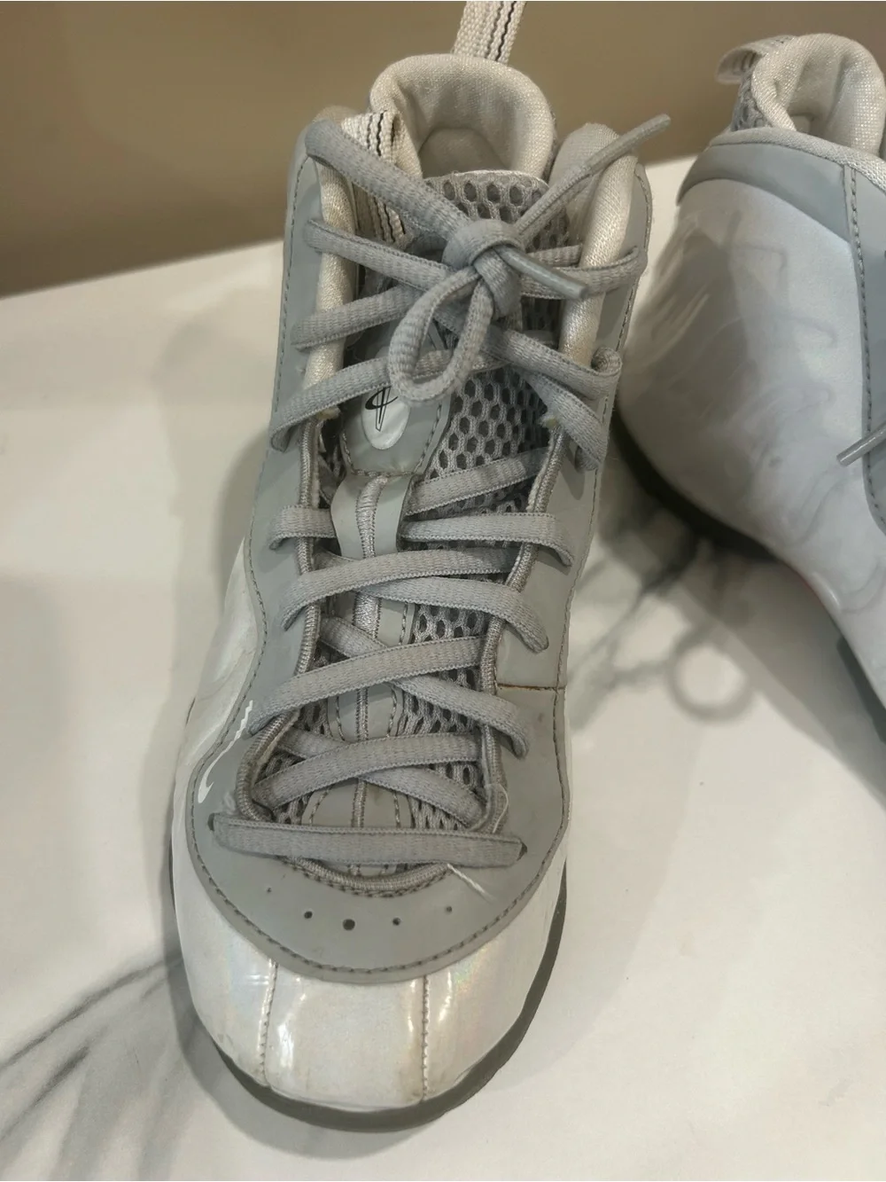 Nike Little Posite One Foamposite Kids 1Y Iridescent White Grey Sneakers